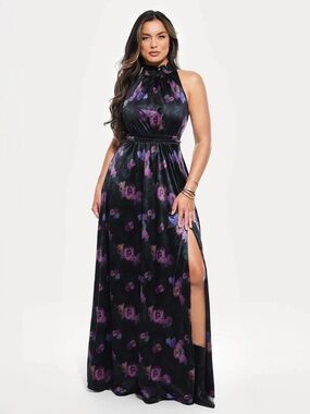 Popilush Draped High Neck Sculpting Floral-Print Maxi Dress